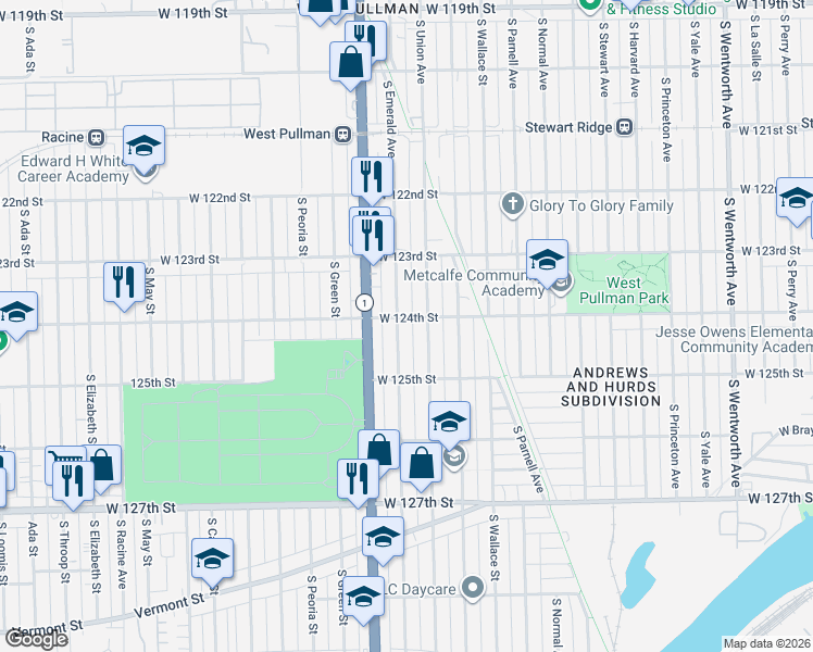 map of restaurants, bars, coffee shops, grocery stores, and more near 12406 South Emerald Avenue in Chicago