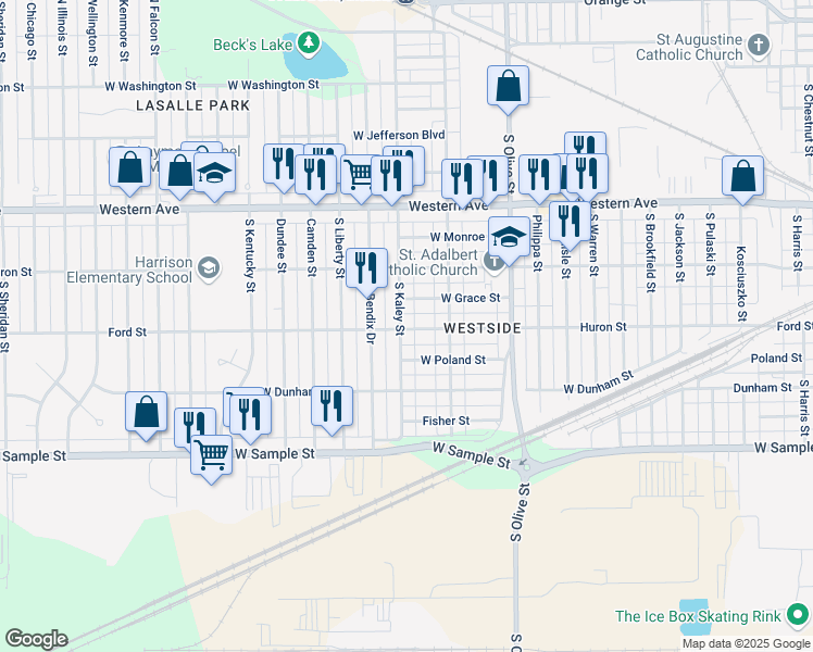 map of restaurants, bars, coffee shops, grocery stores, and more near 648 South Kaley Street in South Bend