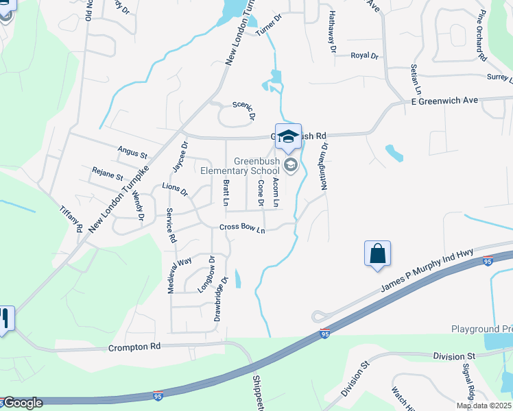 map of restaurants, bars, coffee shops, grocery stores, and more near 67 Cone Drive in West Warwick