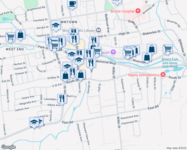 map of restaurants, bars, coffee shops, grocery stores, and more near 25 Main Street in Bristol