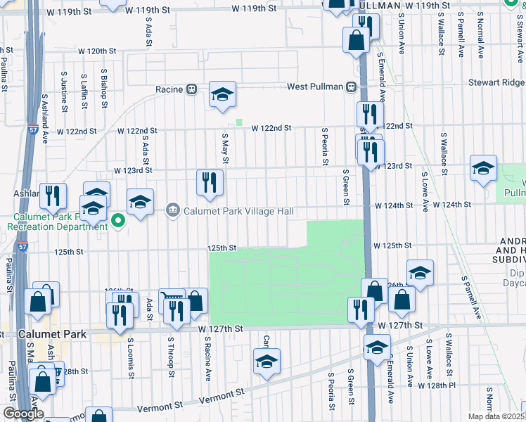 map of restaurants, bars, coffee shops, grocery stores, and more near 12400 South Carpenter Street in Calumet Park
