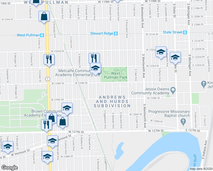 map of restaurants, bars, coffee shops, grocery stores, and more near 12409 South Eggleston Avenue in Chicago