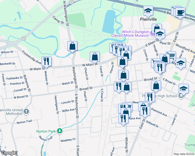 map of restaurants, bars, coffee shops, grocery stores, and more near 24 Strong Court in Plainville
