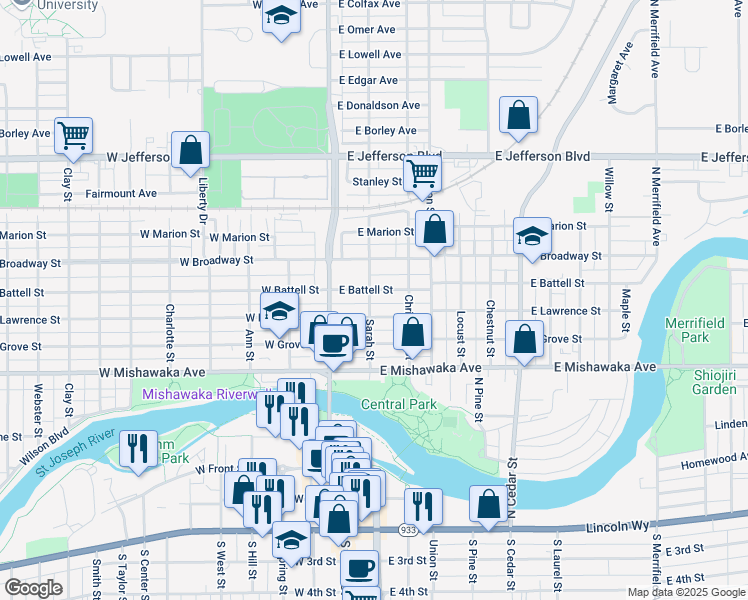 map of restaurants, bars, coffee shops, grocery stores, and more near 814 Sarah Street in Mishawaka