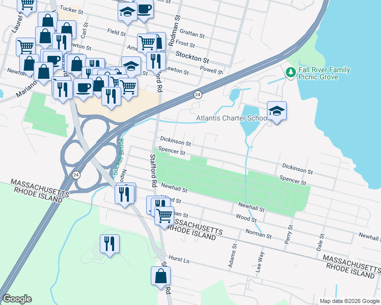 map of restaurants, bars, coffee shops, grocery stores, and more near 168 Spencer Street in Fall River