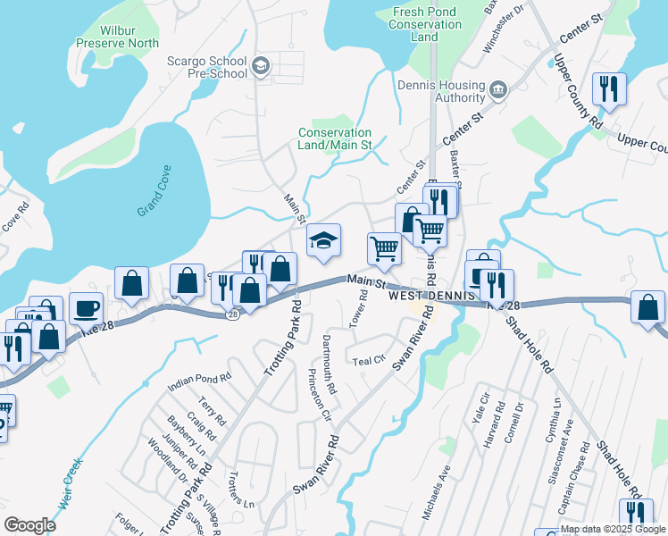 map of restaurants, bars, coffee shops, grocery stores, and more near 810 Route 28 in Dennis