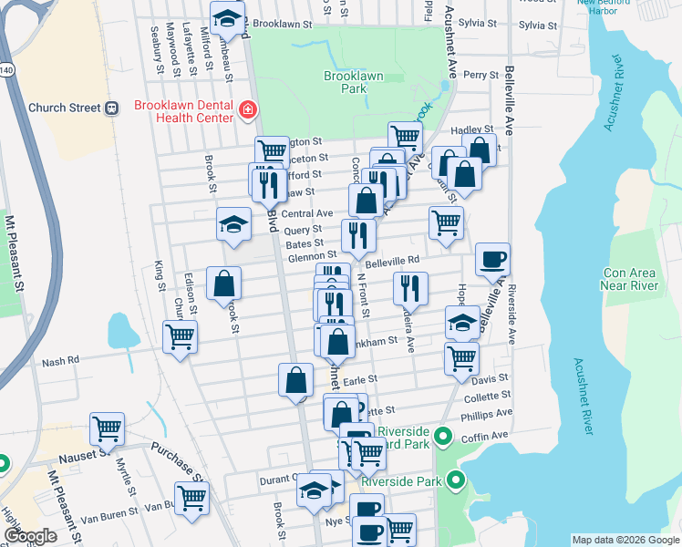 map of restaurants, bars, coffee shops, grocery stores, and more near 158 Belleville Road in New Bedford