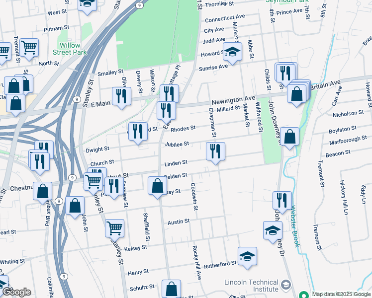 map of restaurants, bars, coffee shops, grocery stores, and more near 51 Jubilee Street in New Britain
