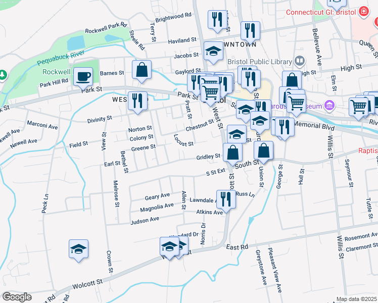 map of restaurants, bars, coffee shops, grocery stores, and more near 70 Gridley Street in Bristol