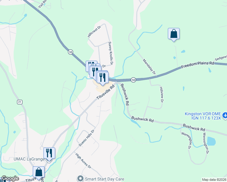 map of restaurants, bars, coffee shops, grocery stores, and more near 392 Titusville Road in Poughkeepsie