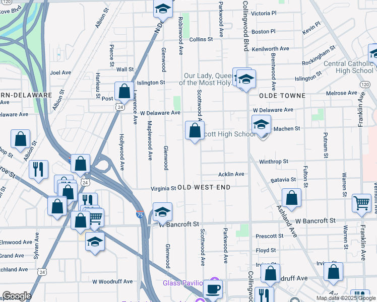 map of restaurants, bars, coffee shops, grocery stores, and more near 2410 Robinwood Avenue in Toledo