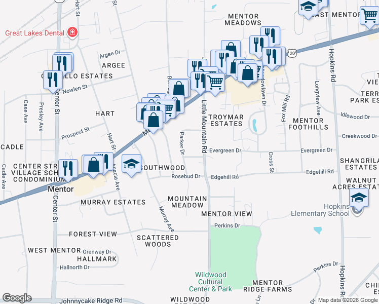 map of restaurants, bars, coffee shops, grocery stores, and more near 8711 Blossom Drive in Mentor