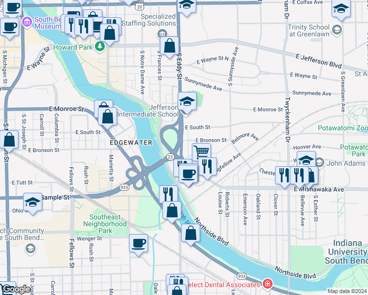 map of restaurants, bars, coffee shops, grocery stores, and more near 636 South Eddy Street in South Bend
