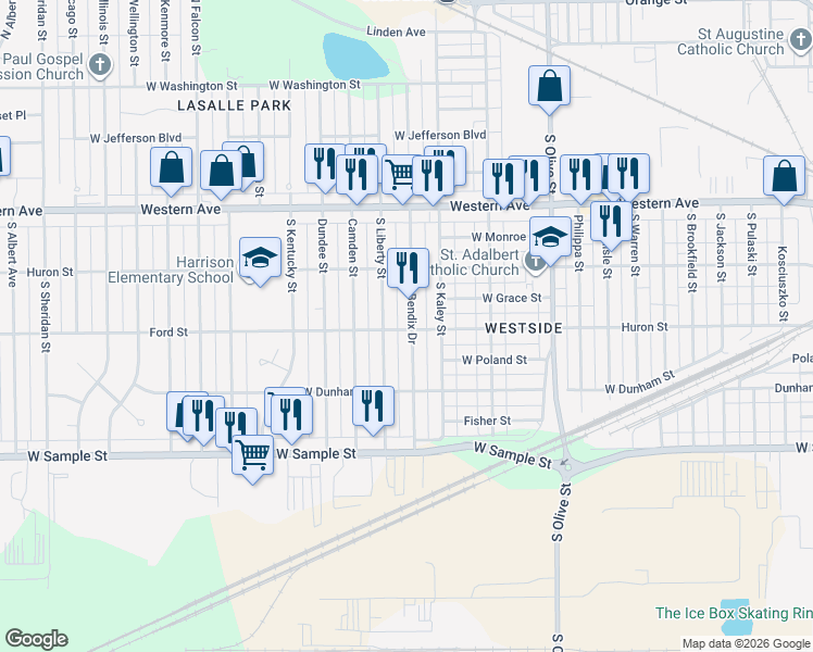 map of restaurants, bars, coffee shops, grocery stores, and more near 621 South Bendix Drive in South Bend