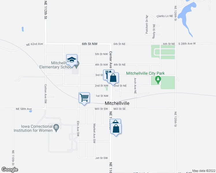 map of restaurants, bars, coffee shops, grocery stores, and more near 102 2nd Street Northwest in Mitchellville