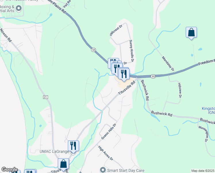 map of restaurants, bars, coffee shops, grocery stores, and more near 5 Locust Crest Court in Poughkeepsie