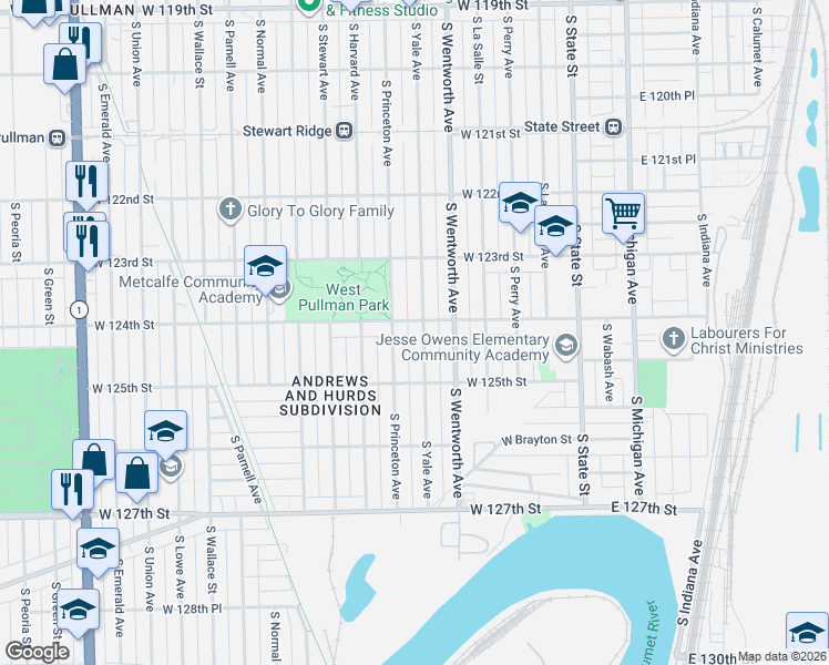 map of restaurants, bars, coffee shops, grocery stores, and more near 12408 S Yale Ave in Chicago