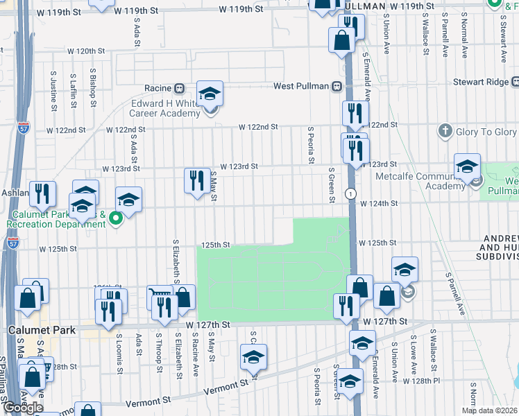 map of restaurants, bars, coffee shops, grocery stores, and more near 12400 South Carpenter Street in Calumet Park