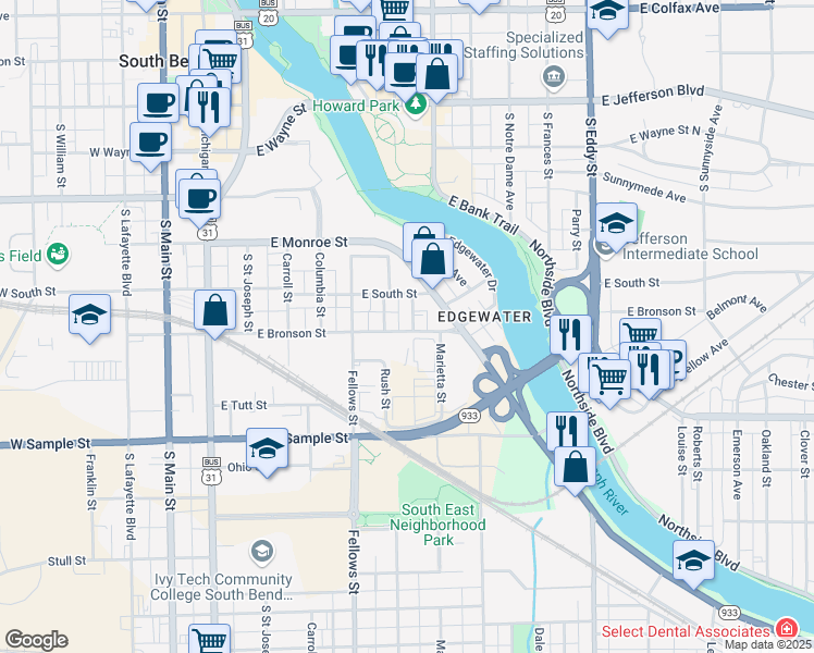 map of restaurants, bars, coffee shops, grocery stores, and more near 611 East Bronson Street in South Bend