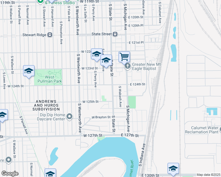 map of restaurants, bars, coffee shops, grocery stores, and more near 12410 South State Street in Chicago