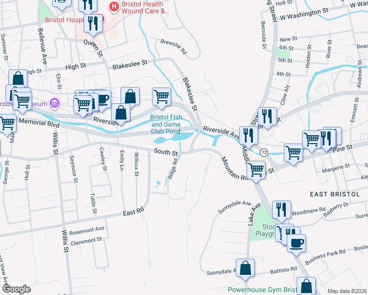 map of restaurants, bars, coffee shops, grocery stores, and more near 54 Downs Street in Bristol