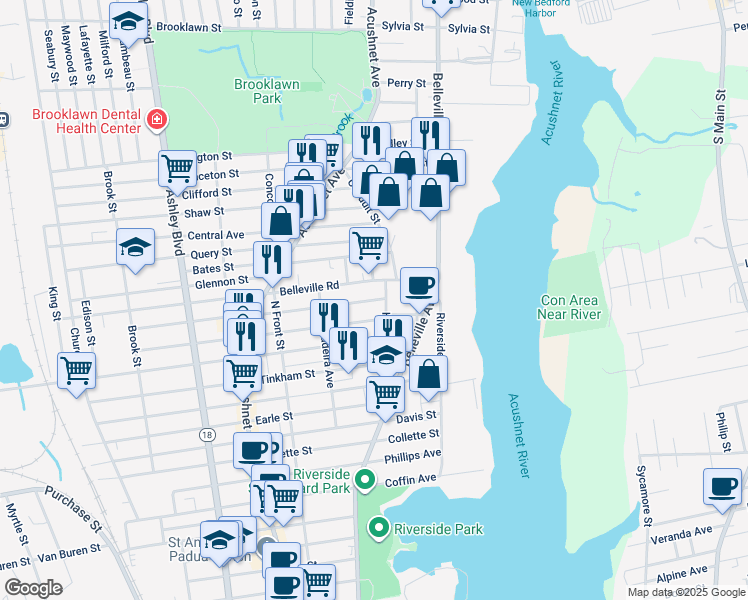 map of restaurants, bars, coffee shops, grocery stores, and more near 59 Eugenia Street in New Bedford