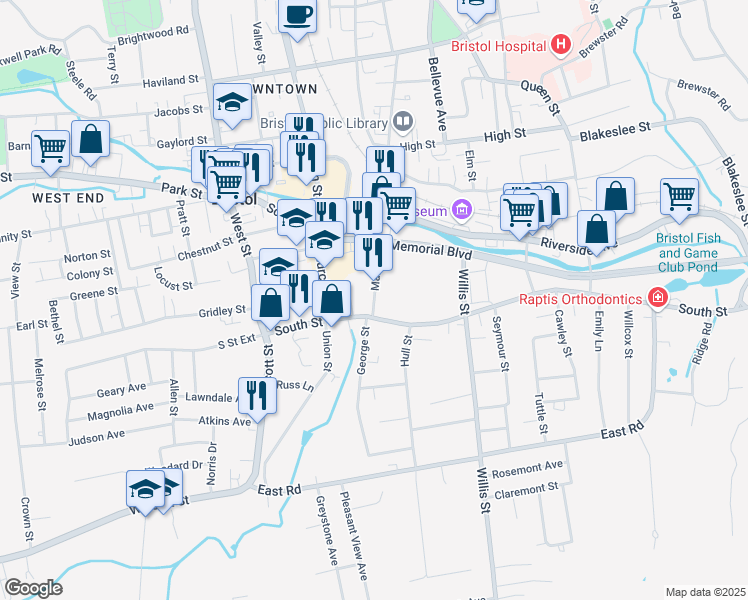 map of restaurants, bars, coffee shops, grocery stores, and more near 25 Main Street in Bristol