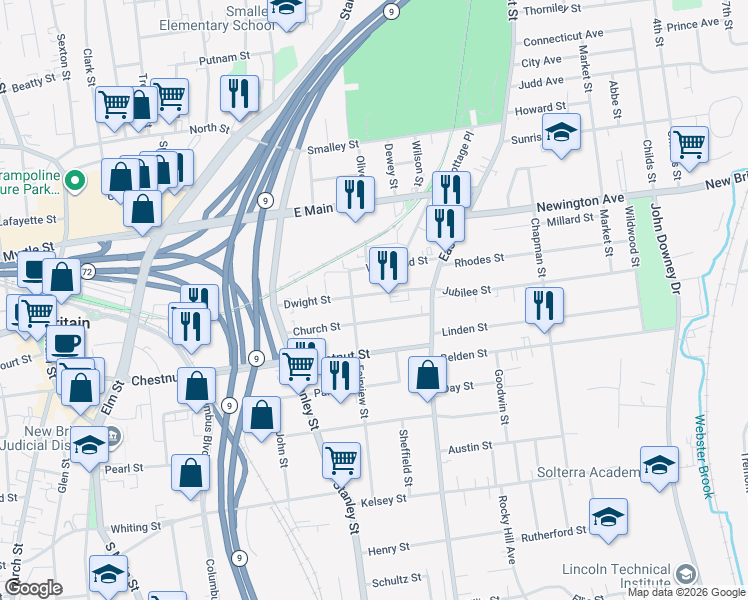 map of restaurants, bars, coffee shops, grocery stores, and more near 115 Dwight Street in New Britain