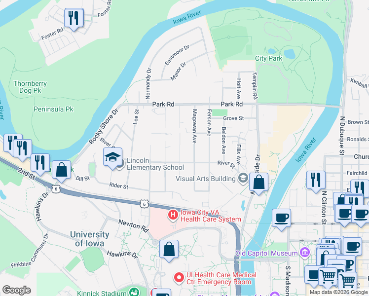 map of restaurants, bars, coffee shops, grocery stores, and more near 332 Hutchinson Avenue in Iowa City