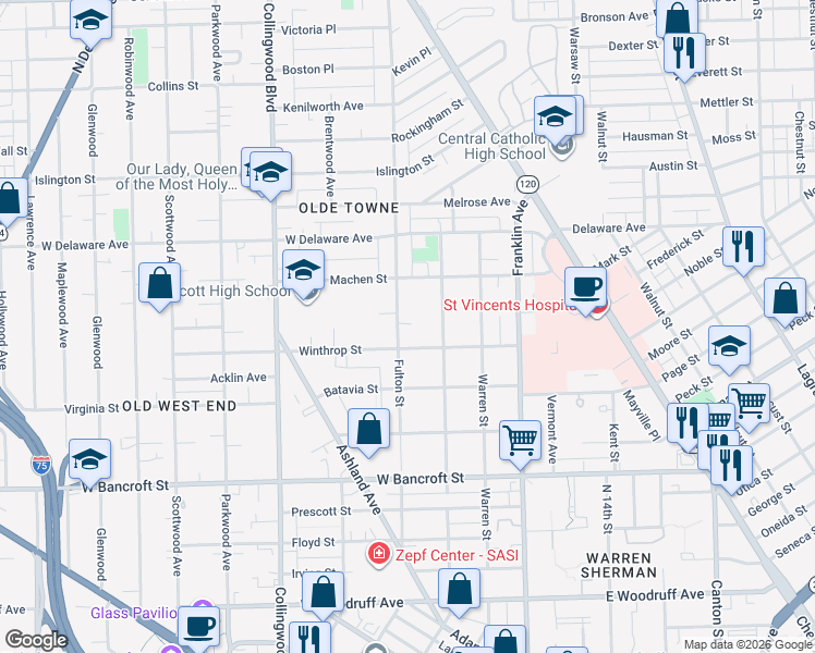 map of restaurants, bars, coffee shops, grocery stores, and more near 2364 Fulton Street in Toledo