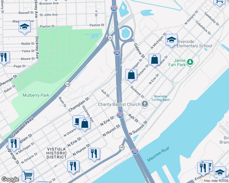 map of restaurants, bars, coffee shops, grocery stores, and more near 1826 North Michigan Street in Toledo