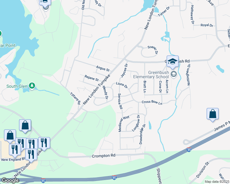 map of restaurants, bars, coffee shops, grocery stores, and more near 11 Longfellow Drive in Coventry