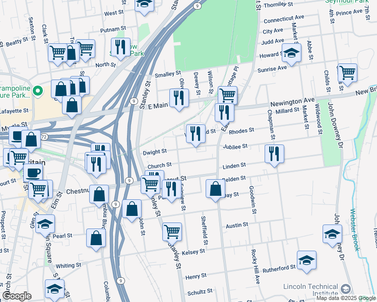 map of restaurants, bars, coffee shops, grocery stores, and more near 115 Dwight Street in New Britain