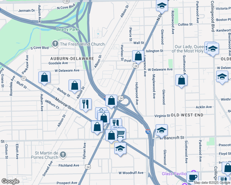 map of restaurants, bars, coffee shops, grocery stores, and more near 2407 Lawton Avenue in Toledo
