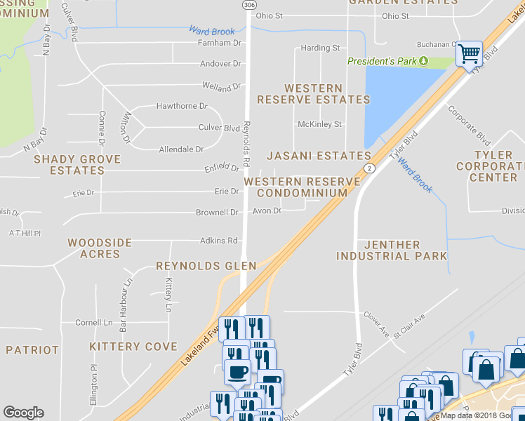 map of restaurants, bars, coffee shops, grocery stores, and more near 7377-7399 Avon Drive in Mentor