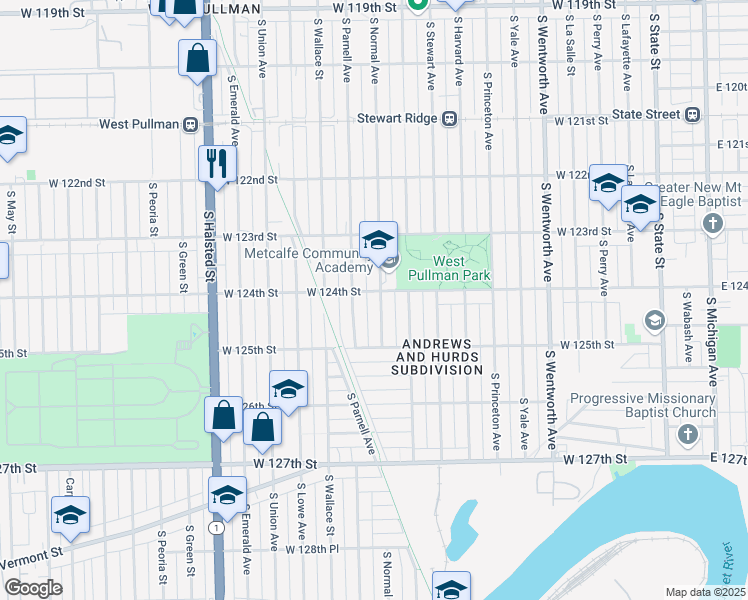 map of restaurants, bars, coffee shops, grocery stores, and more near 12406 South Normal Avenue in Chicago