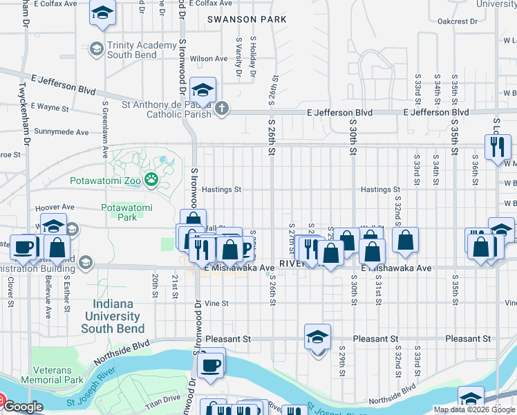 map of restaurants, bars, coffee shops, grocery stores, and more near 725 South 26th Street in South Bend