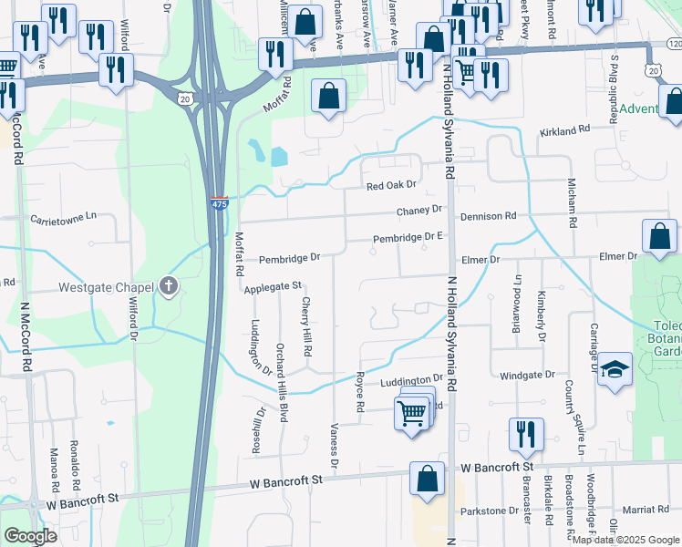 map of restaurants, bars, coffee shops, grocery stores, and more near 2552 Vaness Drive in Toledo