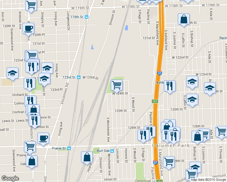 map of restaurants, bars, coffee shops, grocery stores, and more near 12330 Lincoln Street in Calumet Park