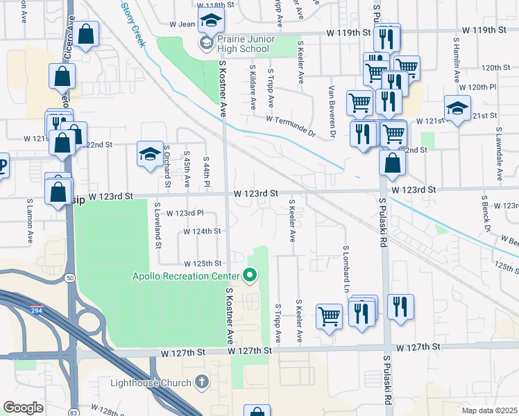 map of restaurants, bars, coffee shops, grocery stores, and more near in Merrionette Park