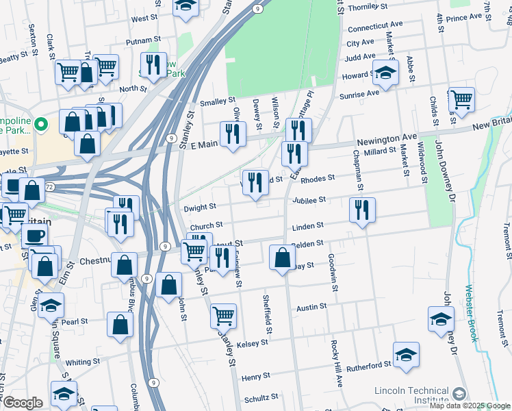 map of restaurants, bars, coffee shops, grocery stores, and more near 115 Dwight Street in New Britain