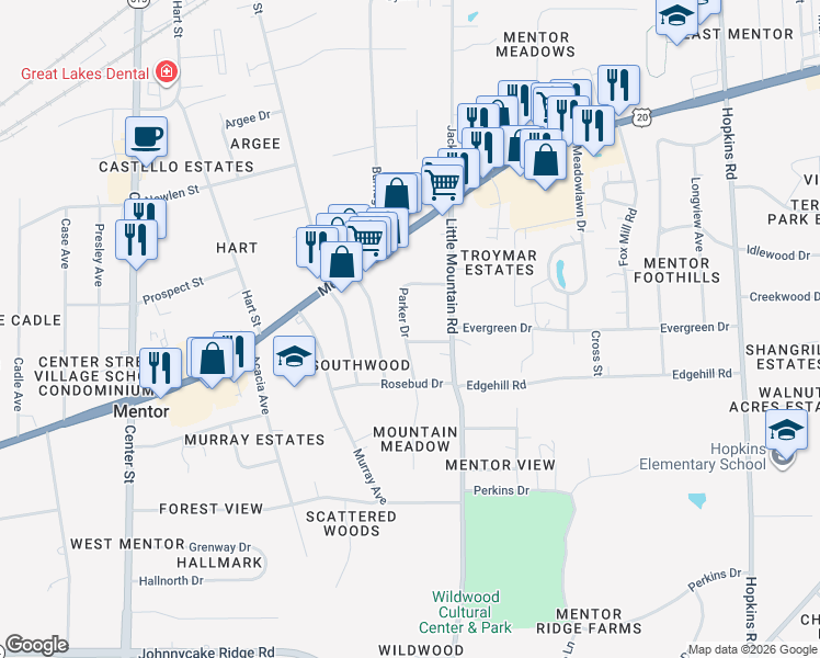 map of restaurants, bars, coffee shops, grocery stores, and more near 8711 Blossom Drive in Mentor