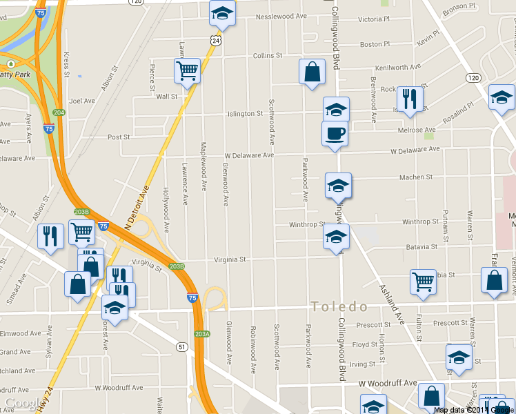 map of restaurants, bars, coffee shops, grocery stores, and more near 2410 Robinwood Ave in Toledo
