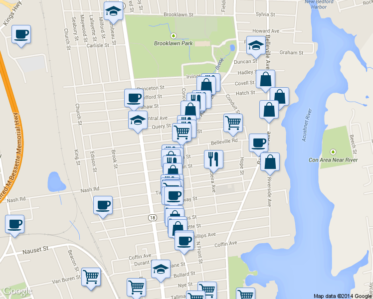 map of restaurants, bars, coffee shops, grocery stores, and more near 570 N Front St in New Bedford