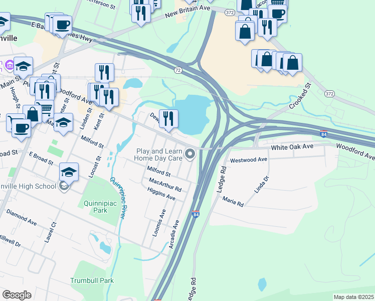 map of restaurants, bars, coffee shops, grocery stores, and more near 76 Dewey Avenue in Plainville