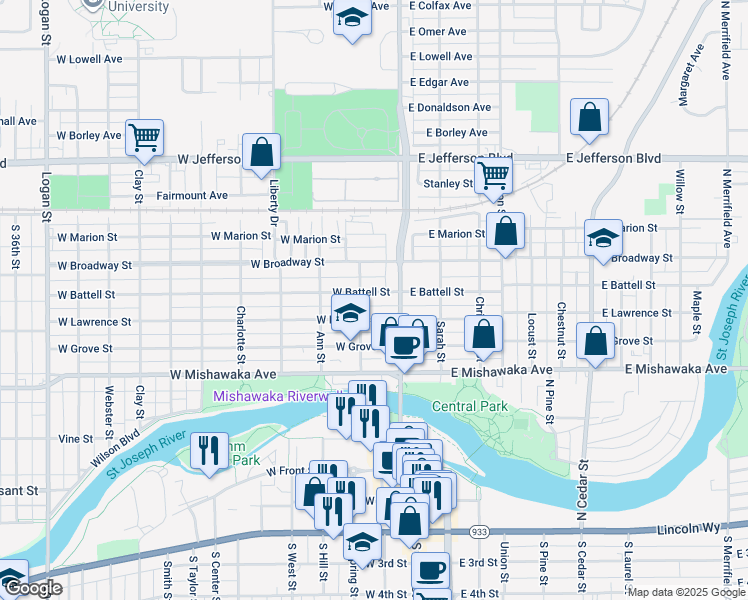 map of restaurants, bars, coffee shops, grocery stores, and more near 123 West Battell Street in Mishawaka