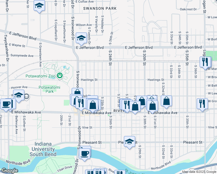 map of restaurants, bars, coffee shops, grocery stores, and more near 725 South 26th Street in South Bend