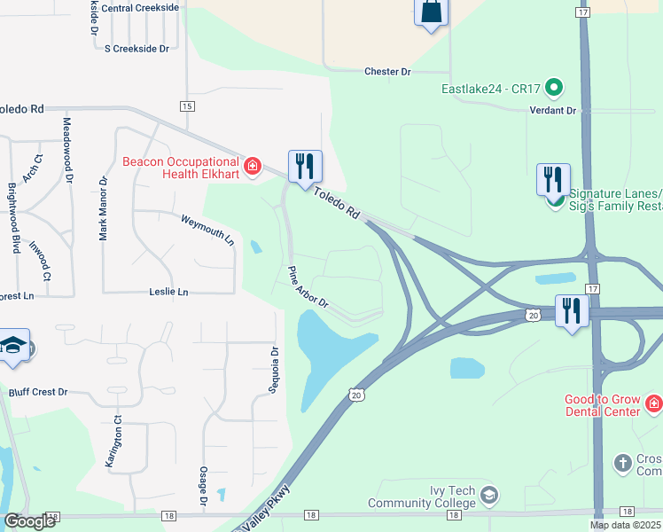 map of restaurants, bars, coffee shops, grocery stores, and more near 22450 Breakwater Drive in Elkhart
