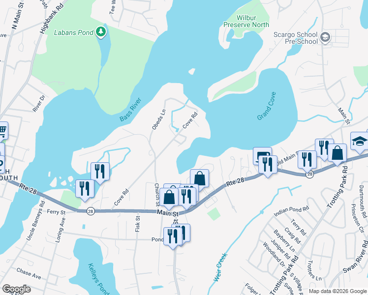 map of restaurants, bars, coffee shops, grocery stores, and more near 12 Captain Donald Path in Dennis