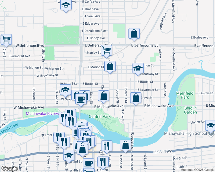 map of restaurants, bars, coffee shops, grocery stores, and more near 406 East Lawrence Street in Mishawaka